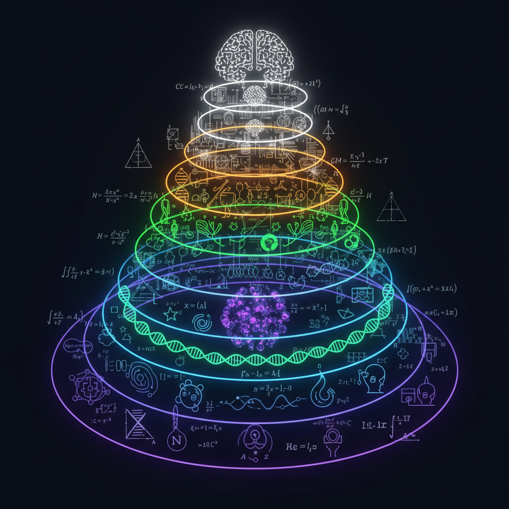 The 18-layer Draken hierarchy, visualized as a stack of nested rings — physical foundations at the base (L01–L04), biological and neural scales in the green band (L05–L06), narrative and social layers in amber (L07–L10), institutional and economic in the violet band (L11–L16), and planetary cognition at the apex (L17–L18). Every concept extracted by the Analyzer is placed somewhere in this stack; restriction maps ρ run between neighbouring rings.
